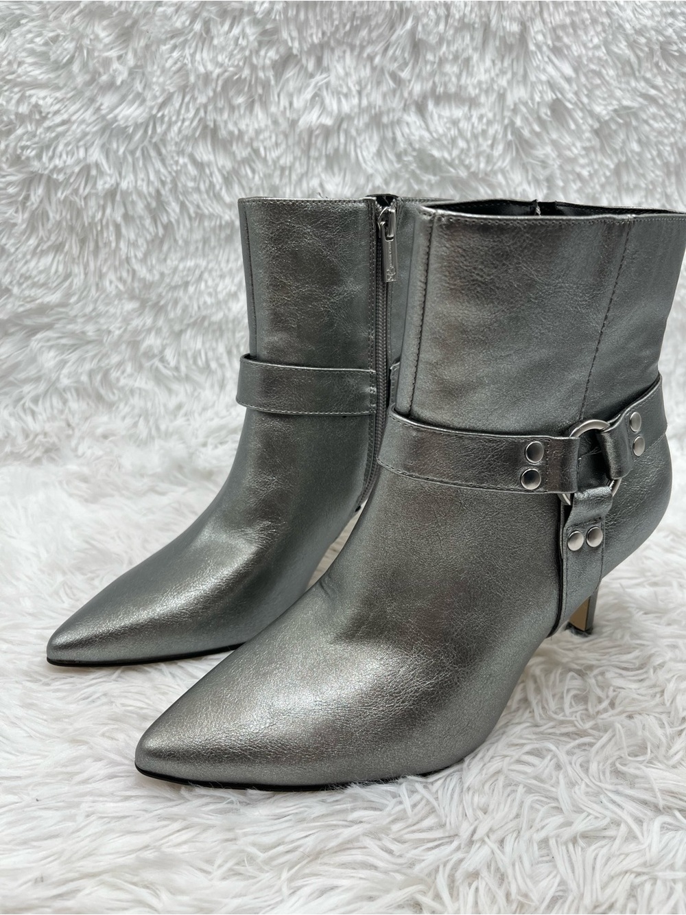 Jessica Simpson Darnina Heeled Ankle Boots Size 6.5 Silver Metallic 3” Heel